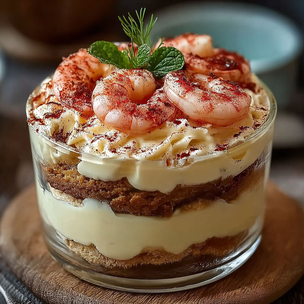 Une tarte aux crevettes roses et tomates, servie dans un verre, est prête à être dégustée.