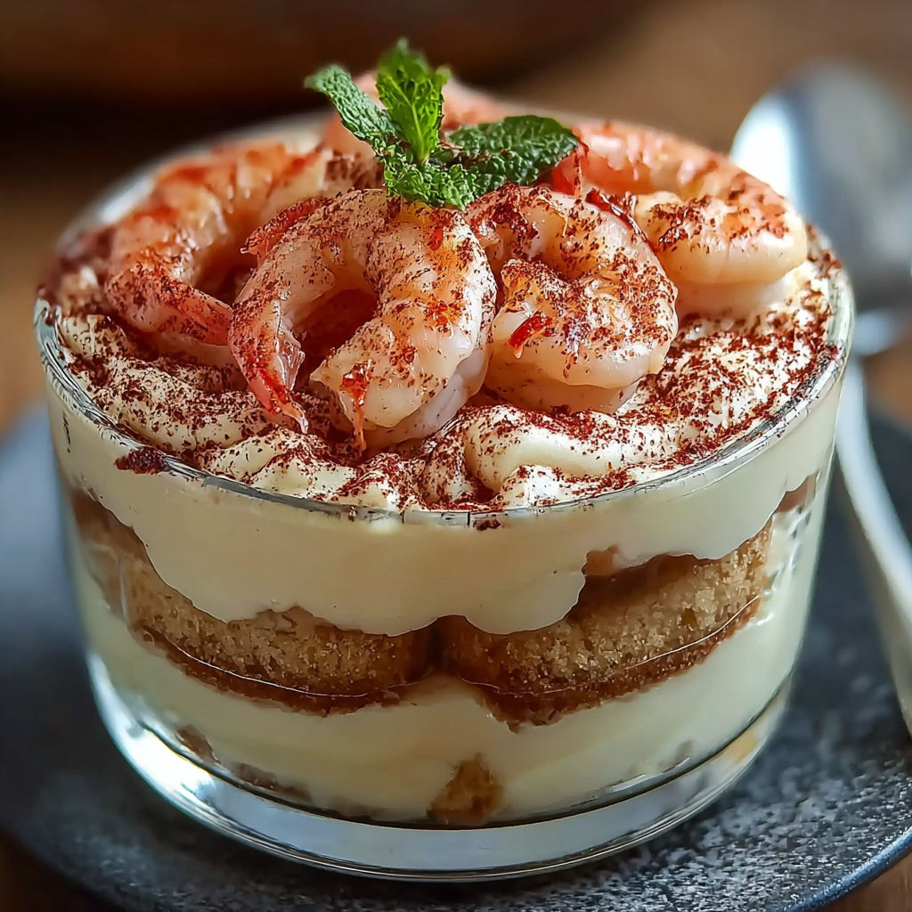 Une tarte aux fruits de mer et crustacés, avec une garniture de menthe et de sauce au citron.