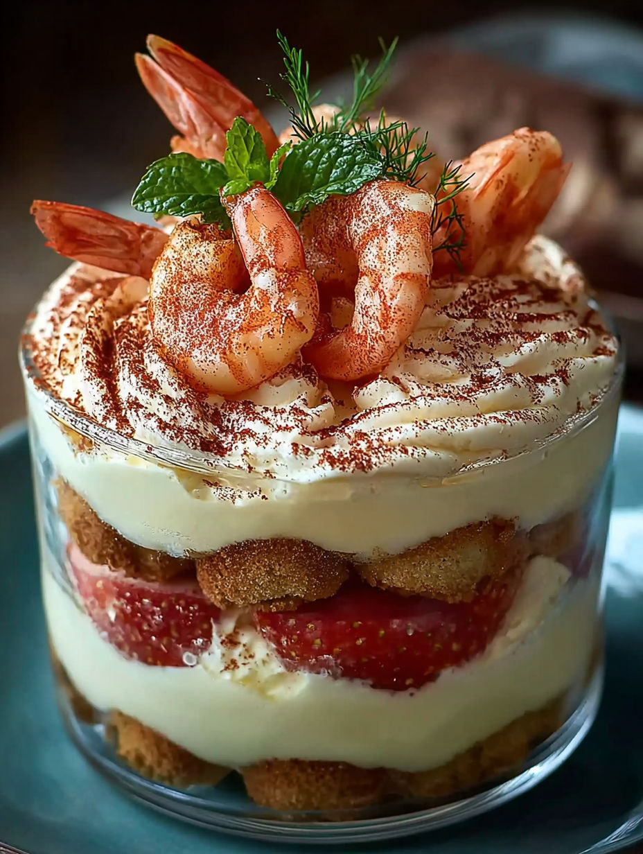 Une tarte aux fruits frais et crustacés, avec des fraises, des framboises et des crevettes, est servie dans un verre.