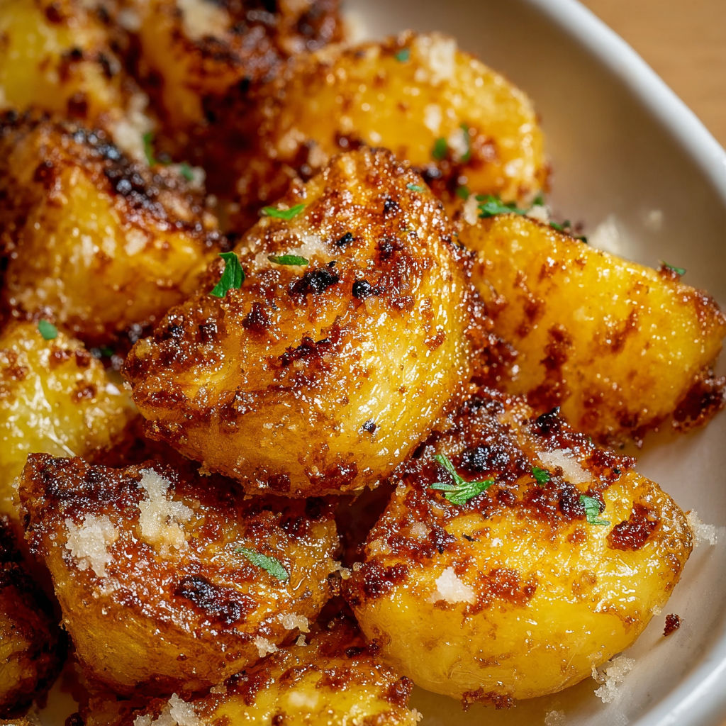 Une assiette de pommes de terre grillées avec des herbes et du Parmesan.