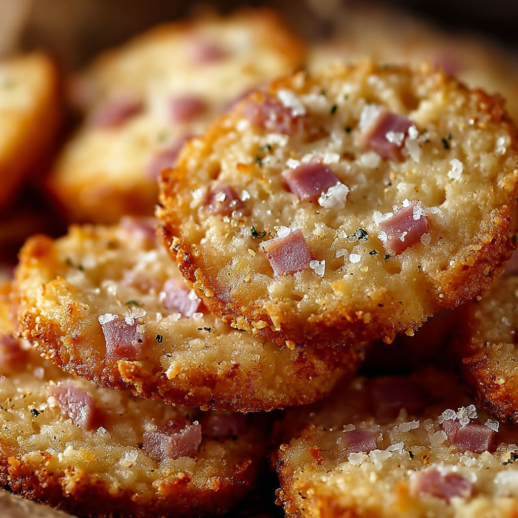 Une pile de cookies salés parmesan jambon.