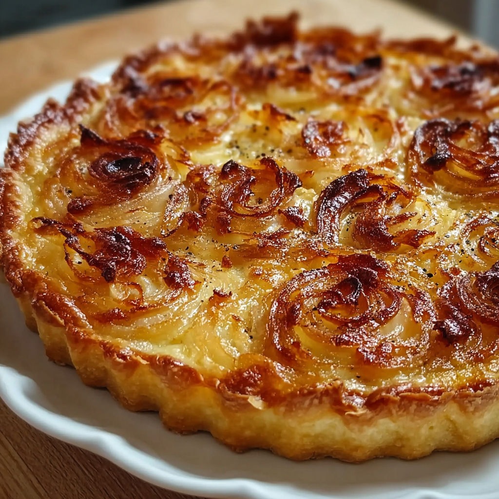 Une tarte aux pommes chaude et croustillante, avec des pommes et des croissants, est servie sur un plateau.