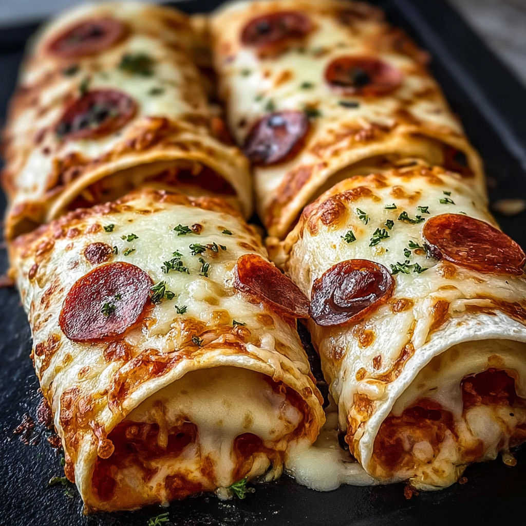 Un délicieux pizza enroulé, avec des tomates et des oignons, est présenté sur une plaque noire.