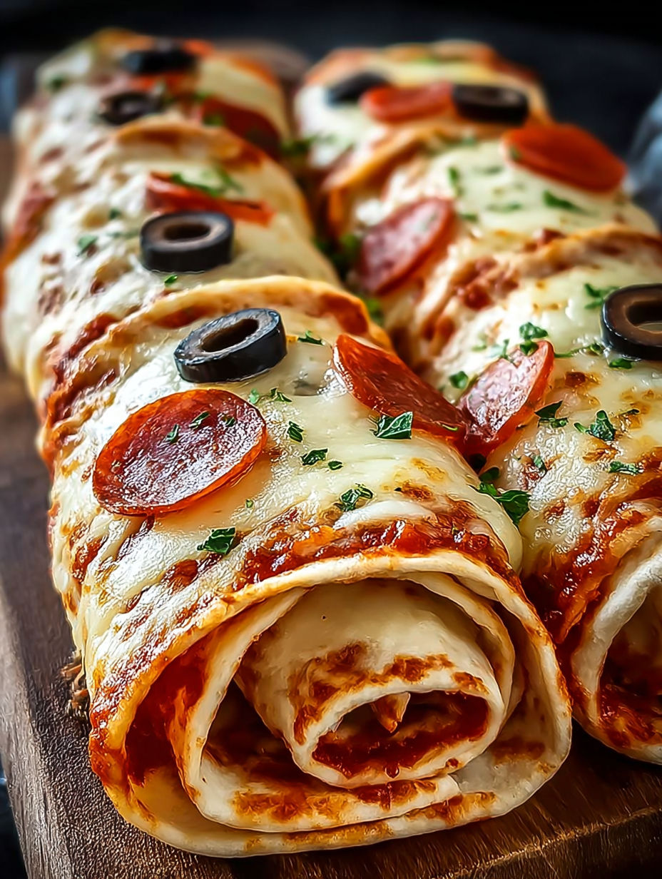 Un délicieux pizza enroulé, avec des olives et des tomates, est présenté sur une planche de bois.