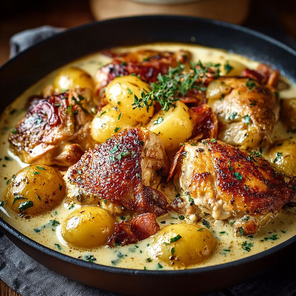 Un plat de poulet et pommes de terre avec une sauce au beurre et aux herbes.