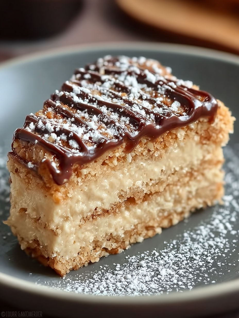 Une tarte aux fruits et au chocolat, garnie de sucre et de crème fouettée, sur un plateau.