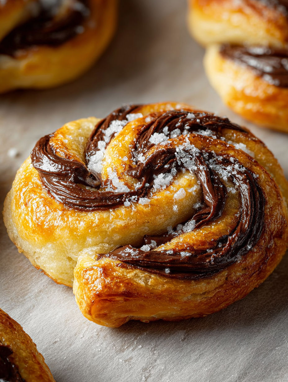 Un Feuilleté au Nutella sur une plaque de bois.