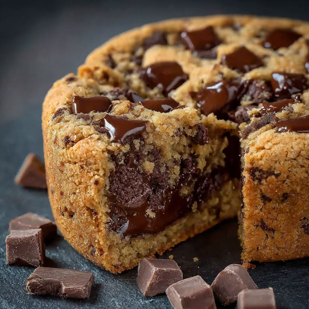 Une tarte aux cookies chocolat avec des morceaux de chocolat sur le dessus.