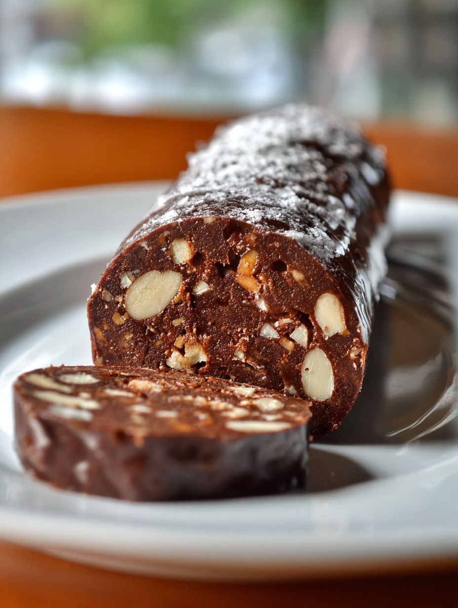 Une barre de chocolat garnie de noix et de graines de cacao, prise en photo sur un plateau.