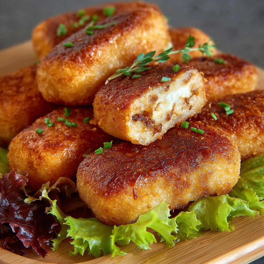 Une pile de croquettes de pommes de terre avec des herbes sur un plateau.