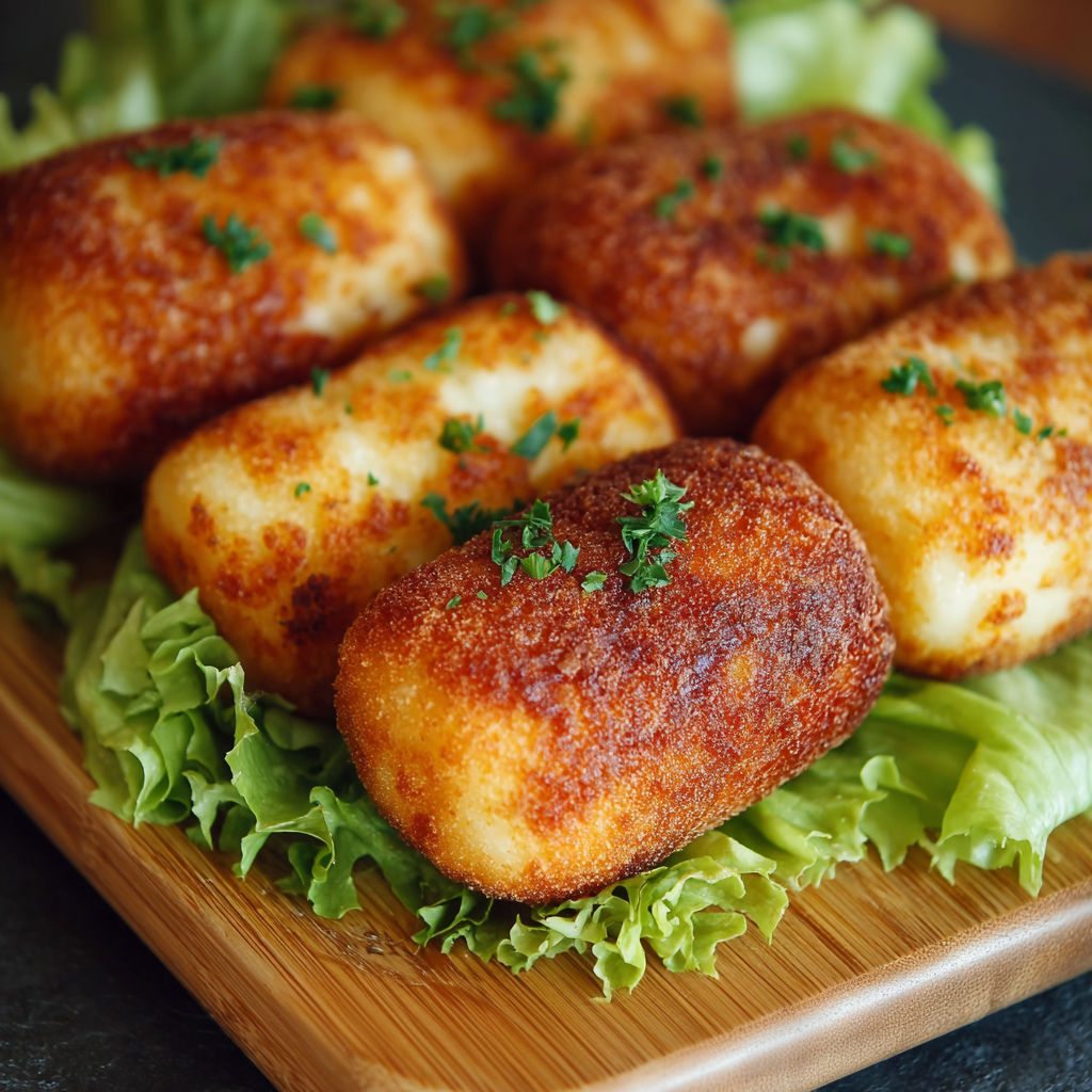 Une plaque de croquettes de pommes de terre avec des herbes fraîches sur un plateau.