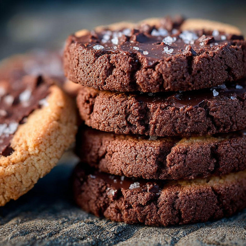 Une pile de biscuits chocolat avec des grains de sucre sur une table de granit.