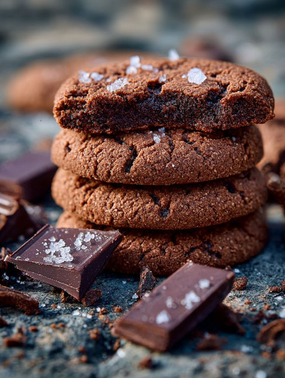 Une pile de biscuits de chocolat avec des grains de sucre sur le dessus.