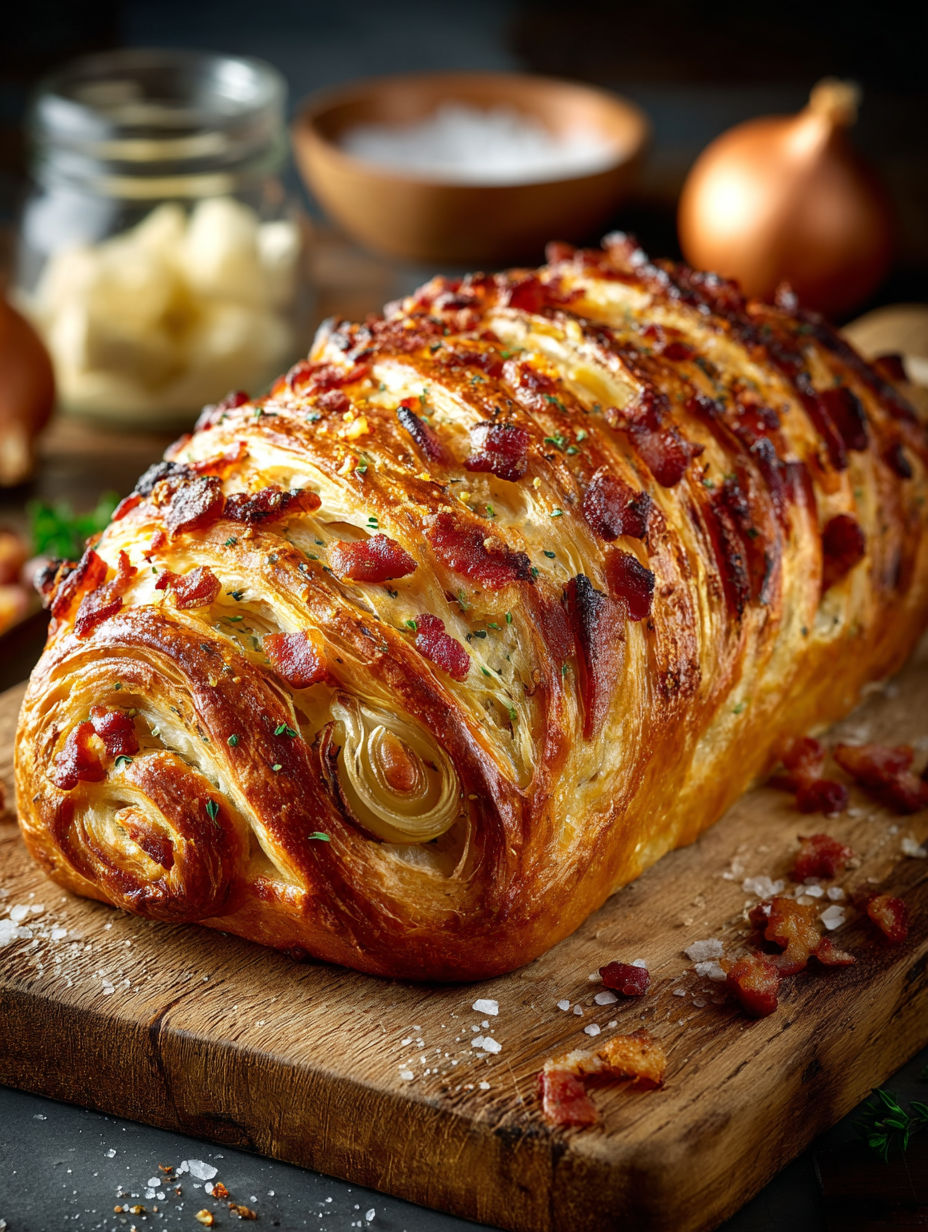 Une pâte brisée enroulée avec des légumes et des bacon, prête à être cuite.