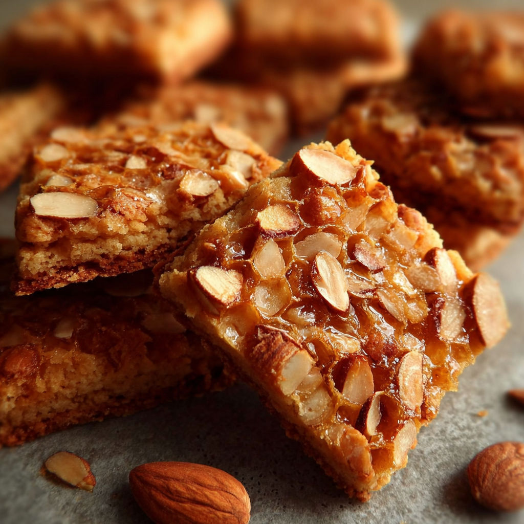 Une barre de cake au beurre et aux noix, avec des noix entières et des almonds sur le dessus.