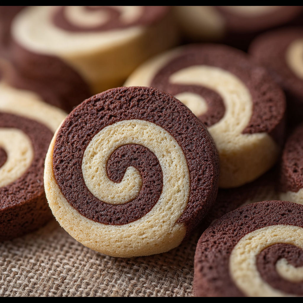 Biscuits spirales chocolat/vanille sur un tissu.