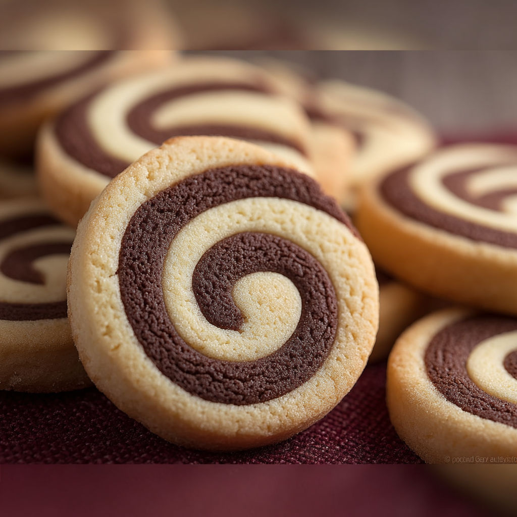 Descrption of a pastry with a spiral pattern, made with chocolate and vanilla flavors.