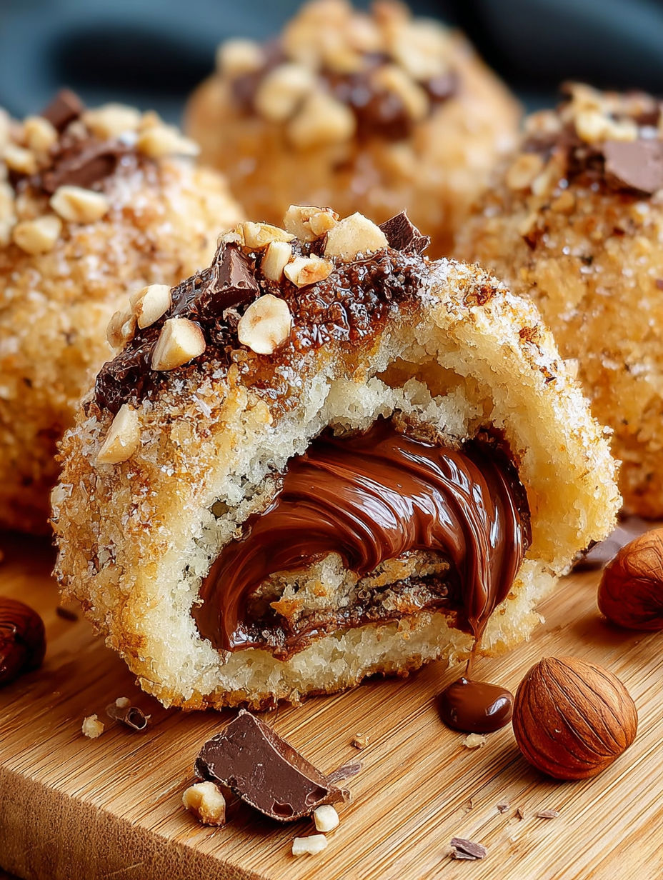Une boule de chocolat enrobée de noix de cajou et de chocolat fondu, avec une sauce chocolat fondu à l'intérieur.