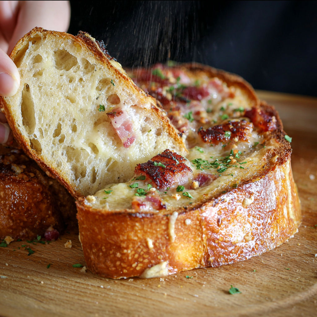 Une baguette de pain est tranchée en deux et une portion est retirée pour montrer le contenu.