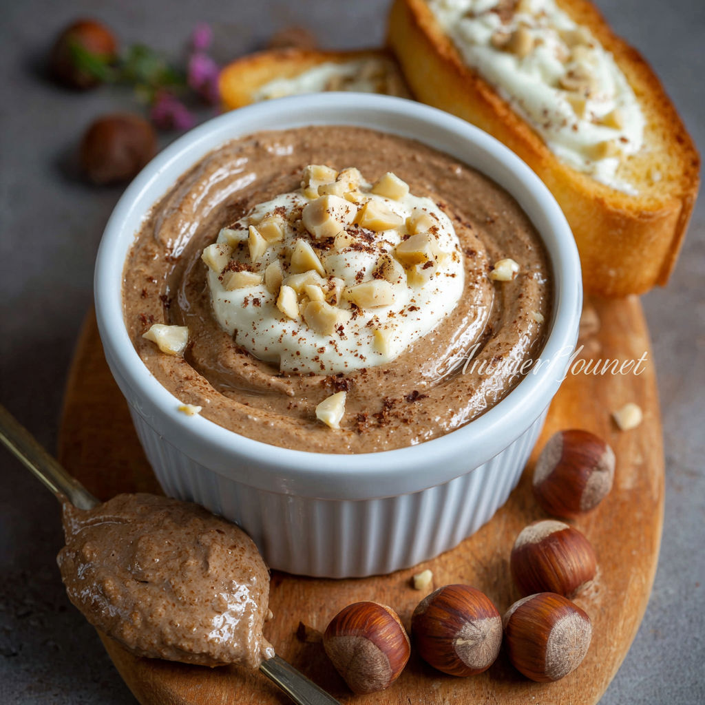 Un plat de creme noisette avec des noix et des tranches de pain.