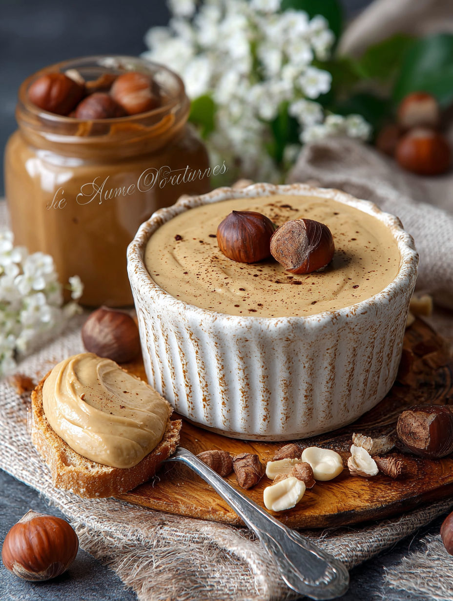 Une recette de creme noisette el Mordjene est servie sur un plateau avec des noix de cajou et des noix.