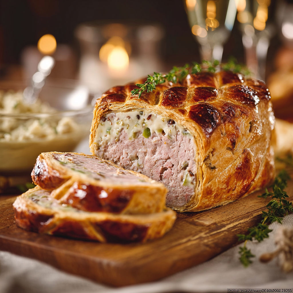 Une pâte de viande chauffée sur un plateau de bois.