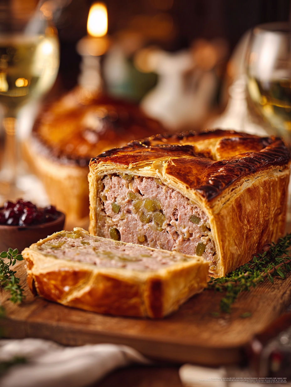 Une tarte au pâté et une baguette de pain accompagnent un verre de vin.