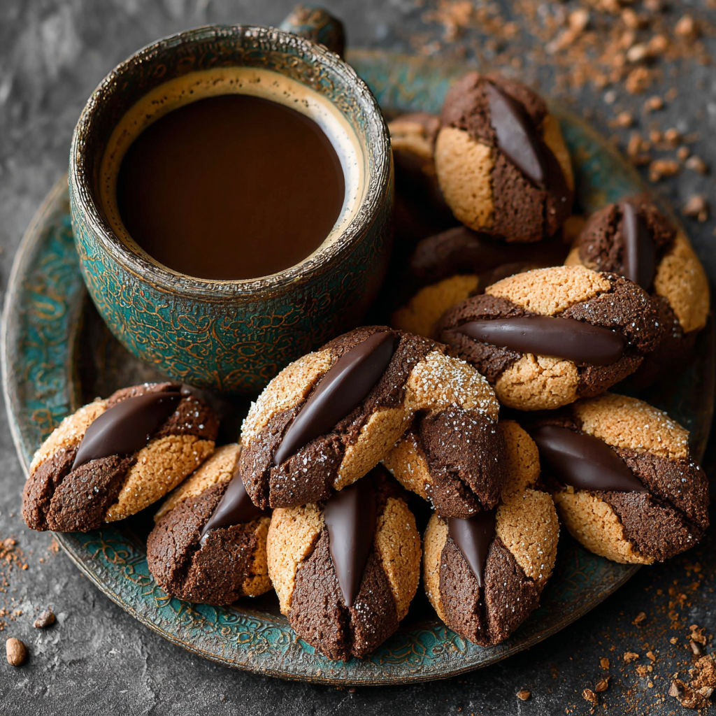 Une tasse de café et des biscuits chocolat sur un plateau.