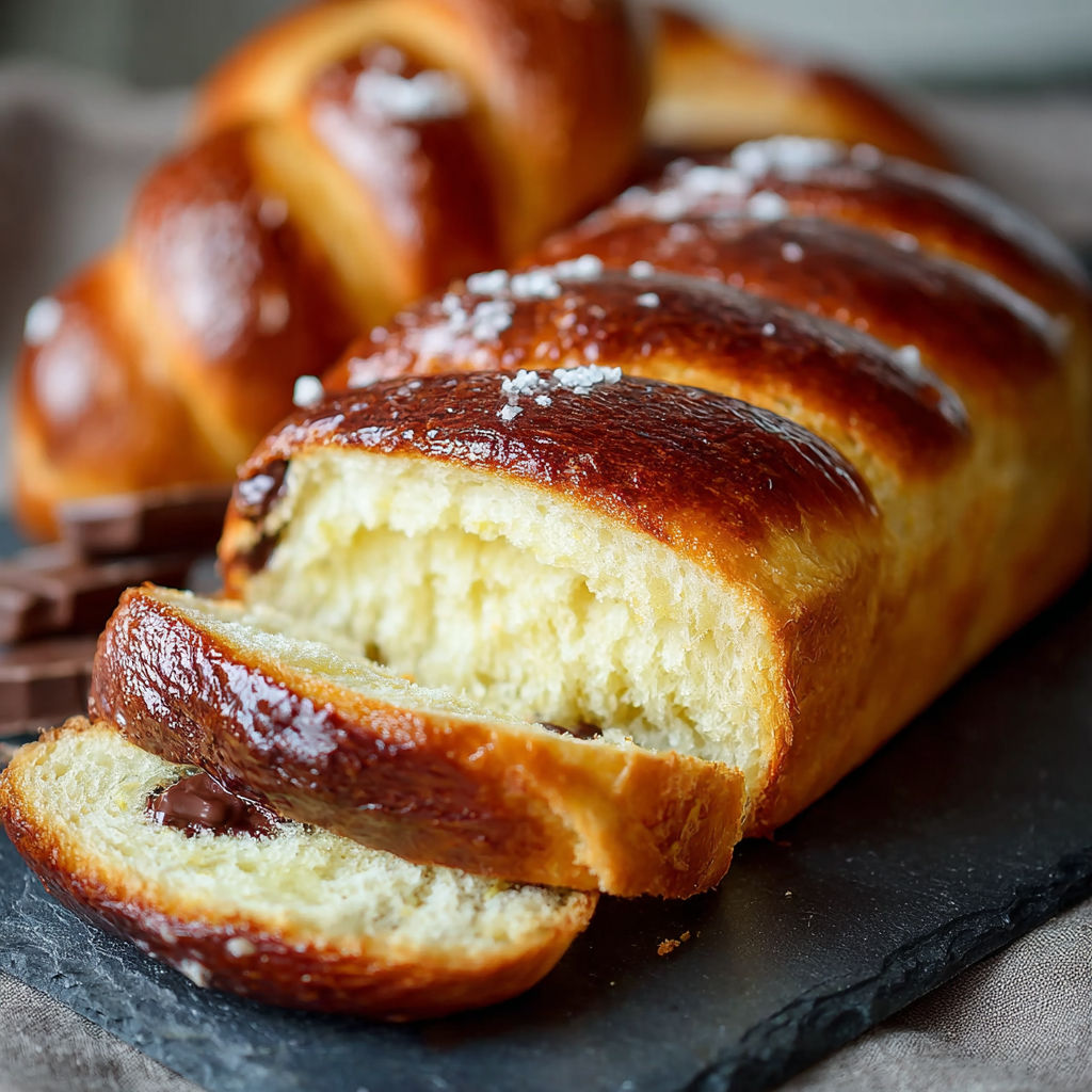 Une baguette de pain viennois au chocolat est servie sur une table.