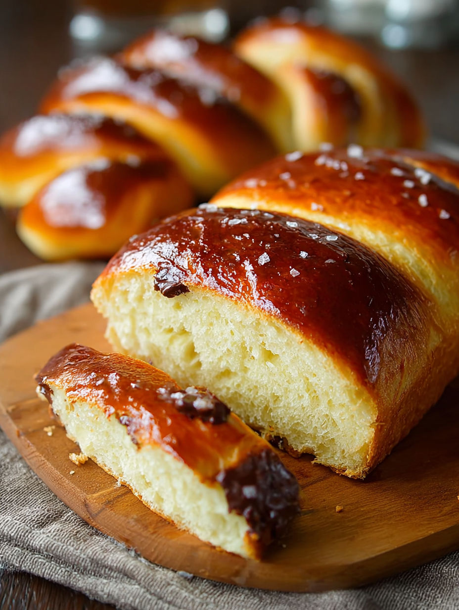 Une baguette de pain grillé avec des grains de sel sur une planche de bois.