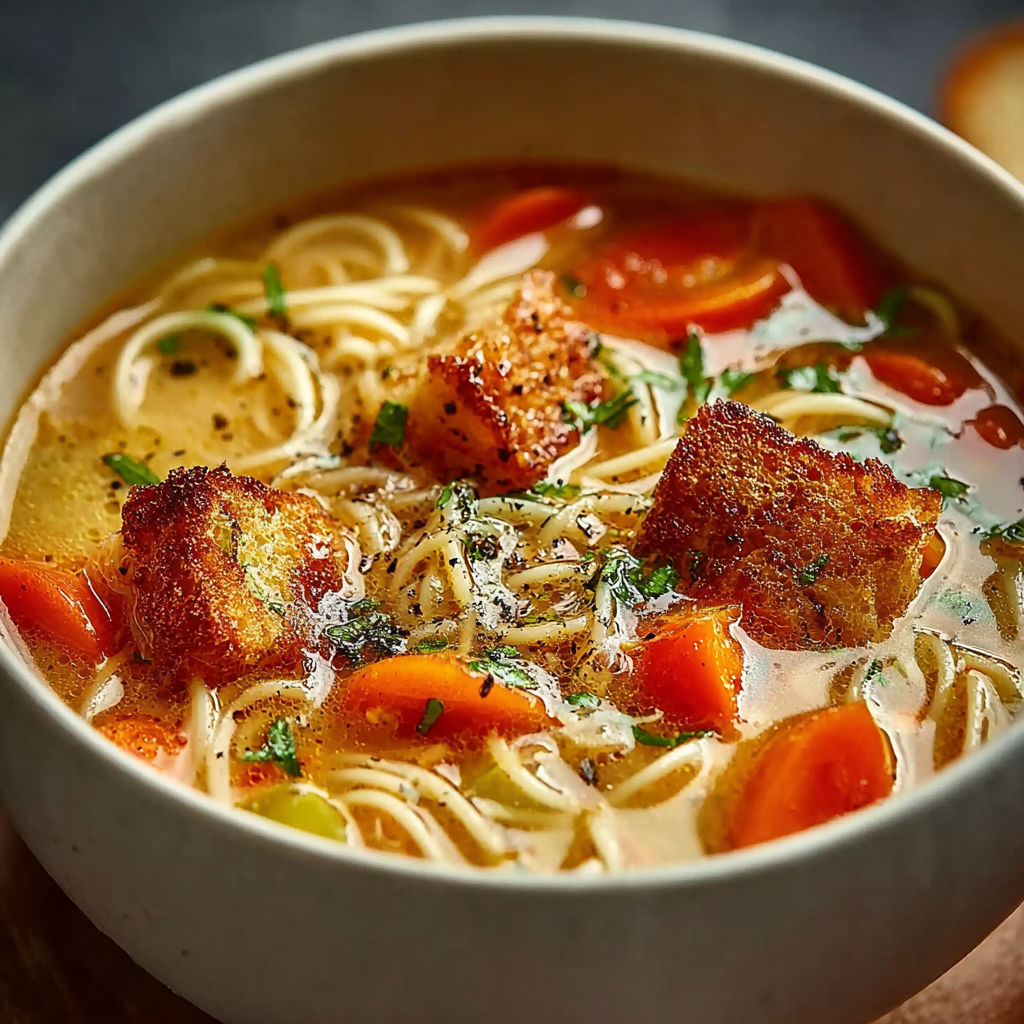 Une soupe de carottes et de macaronis avec des herbes et des tranches de carottes.