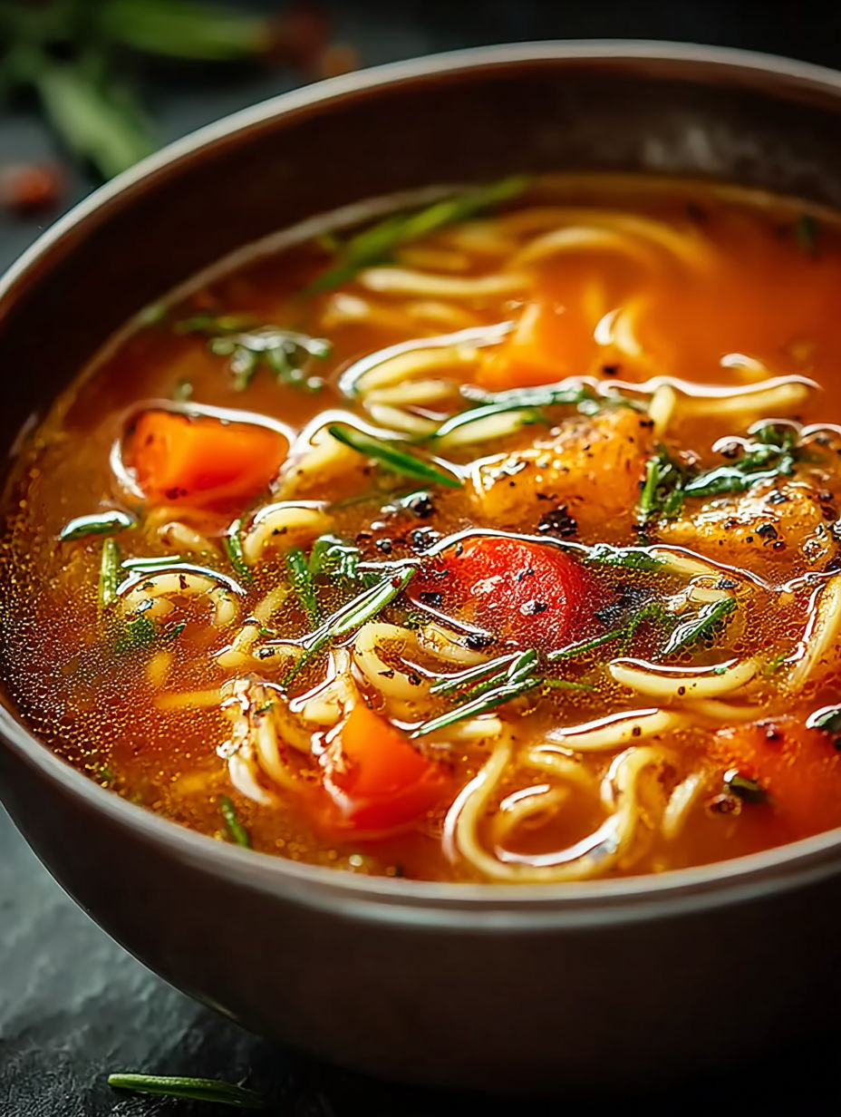 Une soupe chaude avec des noodles et des légumes.