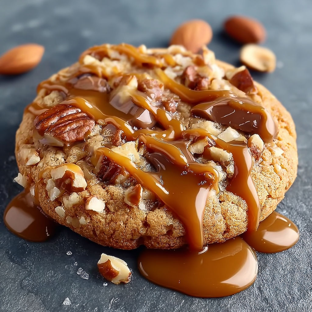Un cookie façon Cédric Grolet avec une sauce caramel et des noix.