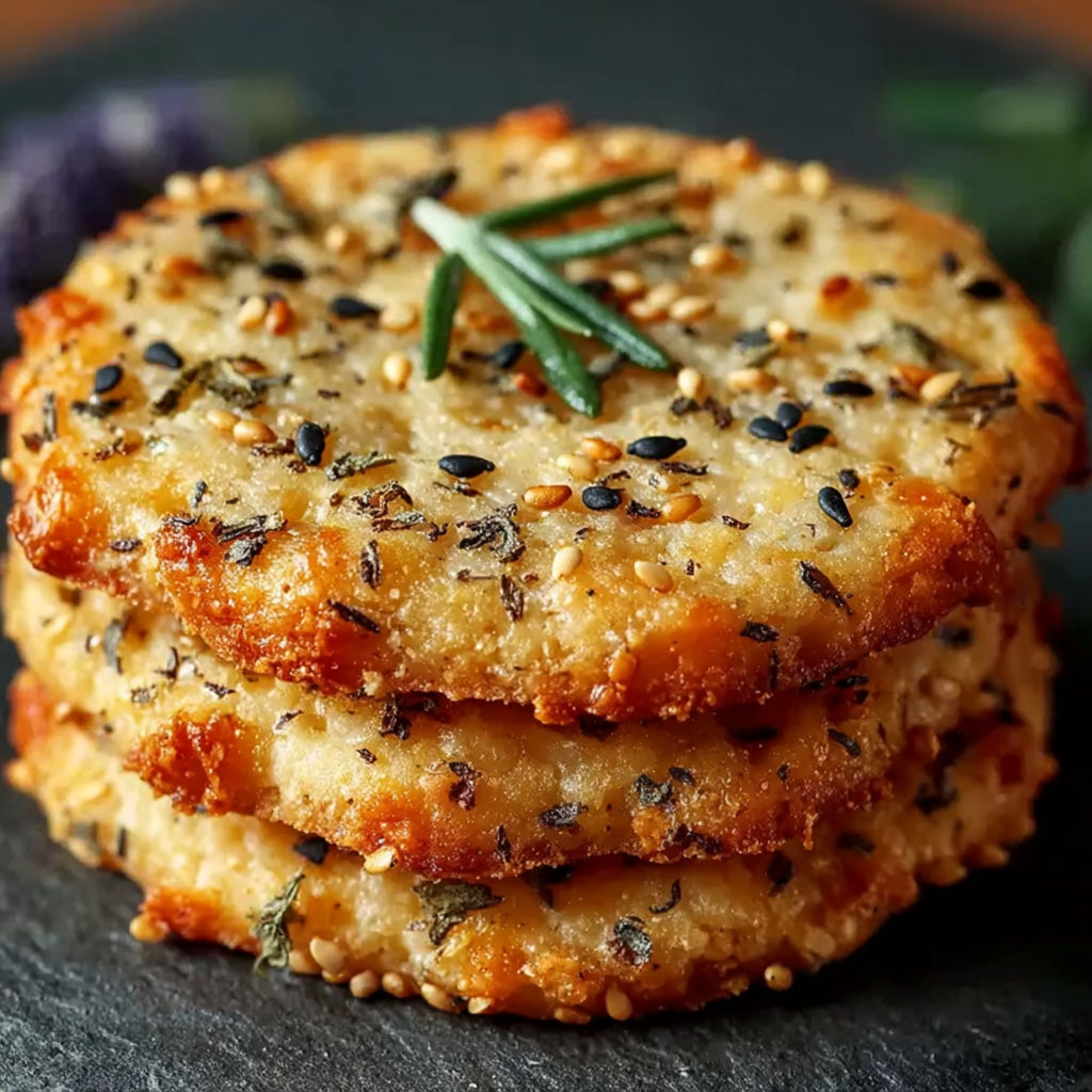 Un plat de Sablés au Comté, Sésame et Herbes de Provence, avec des herbes de Provence sur le dessus.