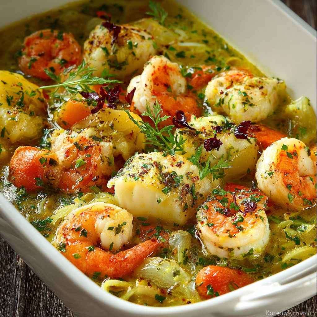 Ragout de Cabillaud et Crevettes - une recette de bouillabaisse avec des moules et des légumes.