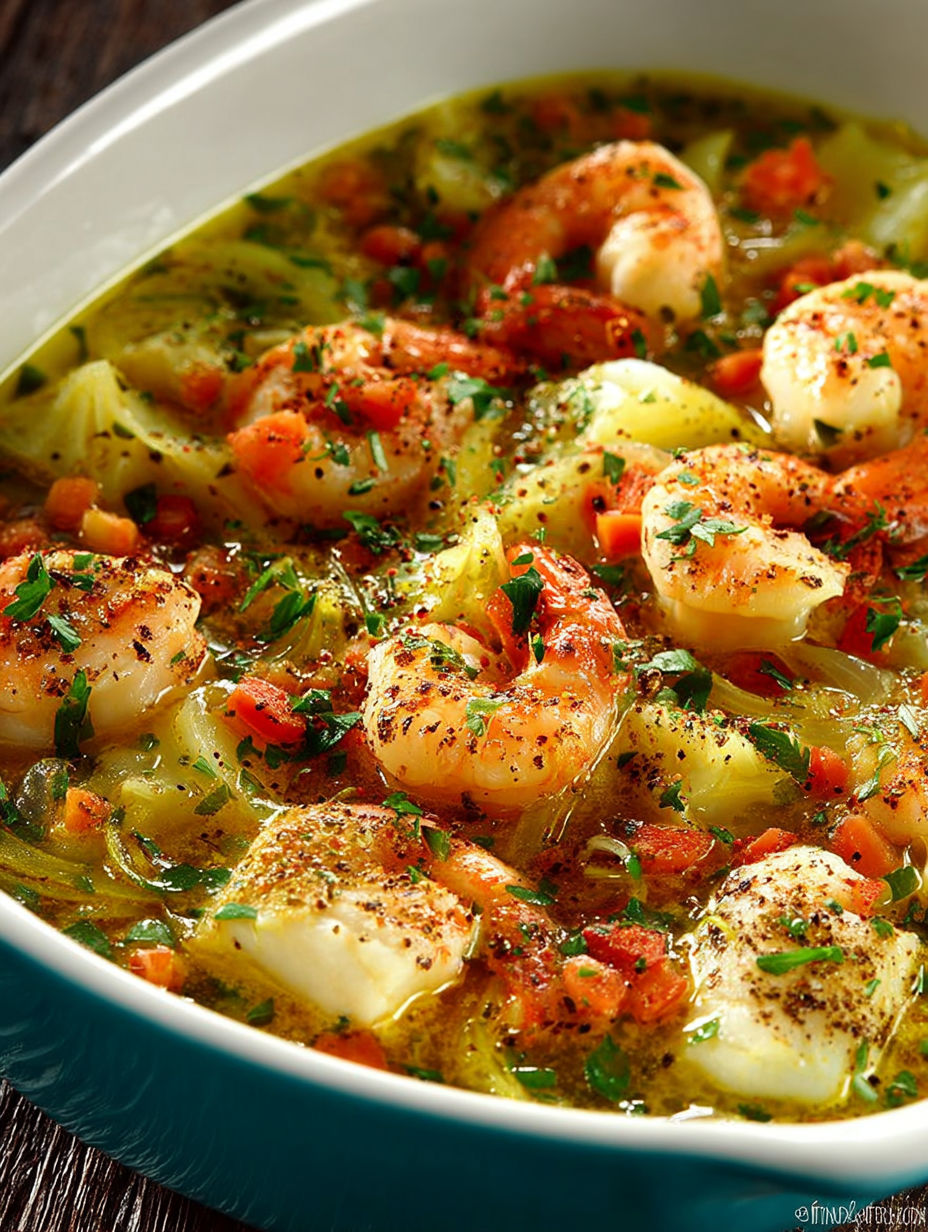 Soupe de crevettes et légumes" - Une soupe de crevettes et légumes est servie dans un bol.