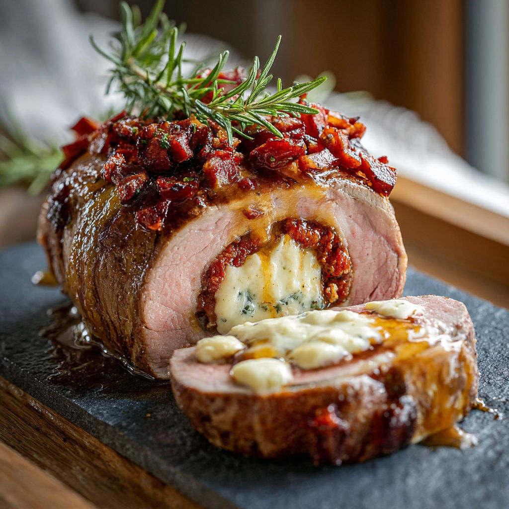 Une viande rôtie avec des herbes et des fromages.