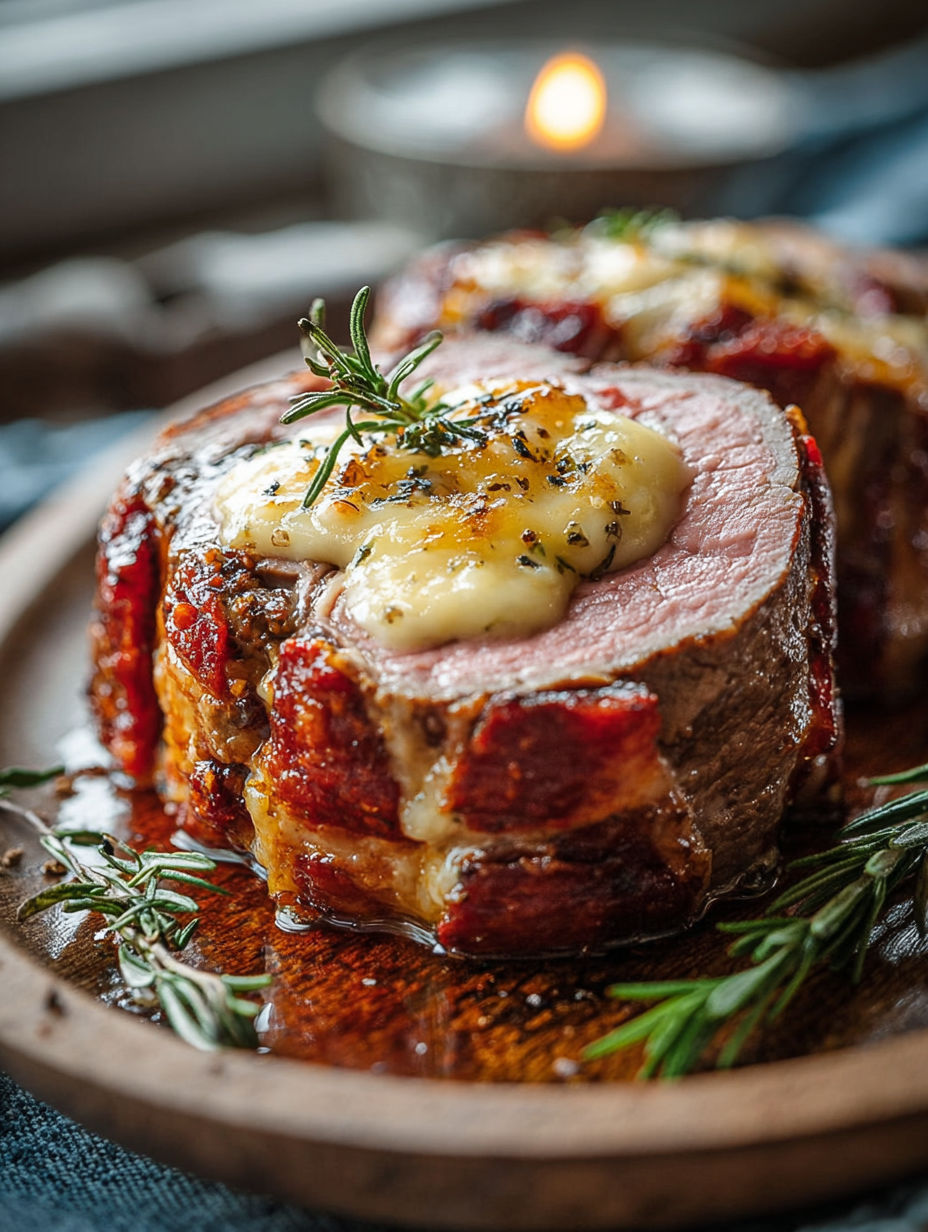Une viande de boeuf avec une sauce au beurre et des herbes sur un plateau.