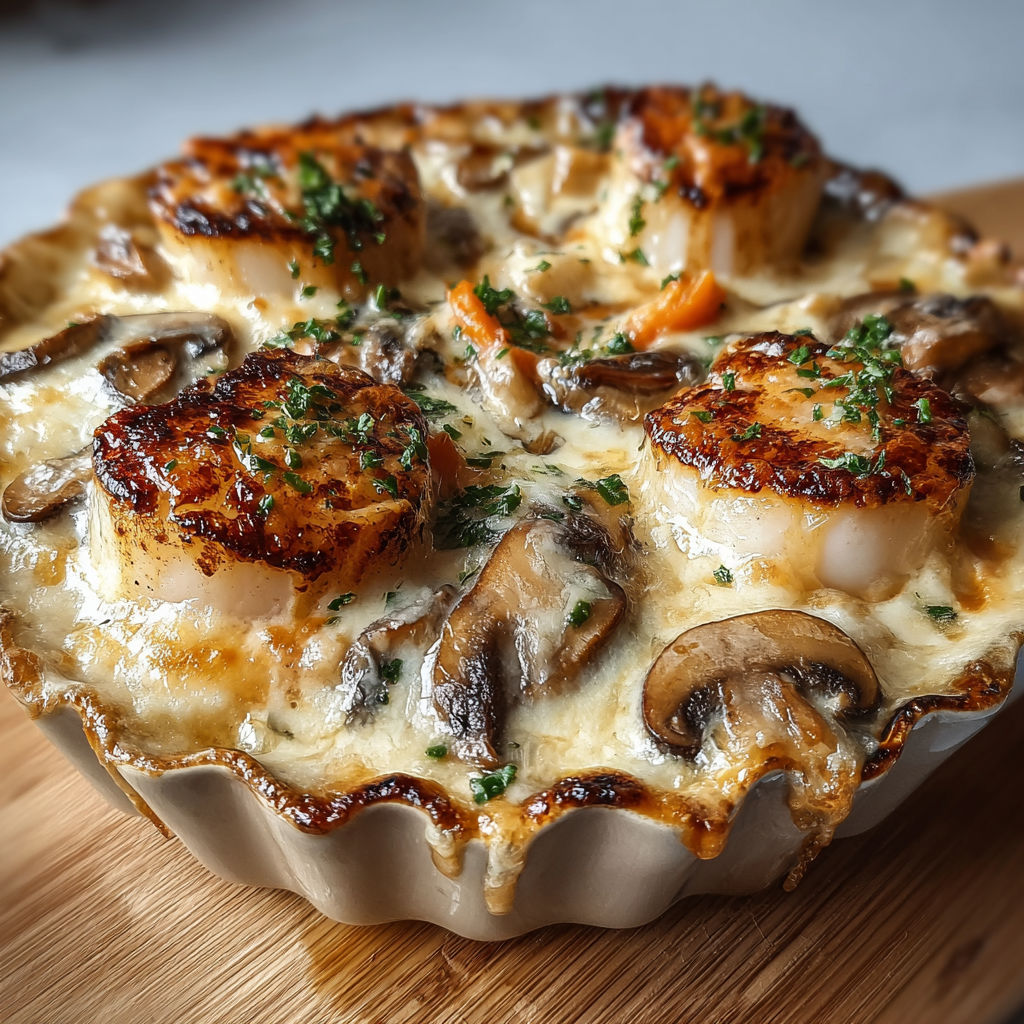 Un plat de Saint-Jacques gratiné au four, avec des champignons et de la crème, est un délice doré et raffiné.