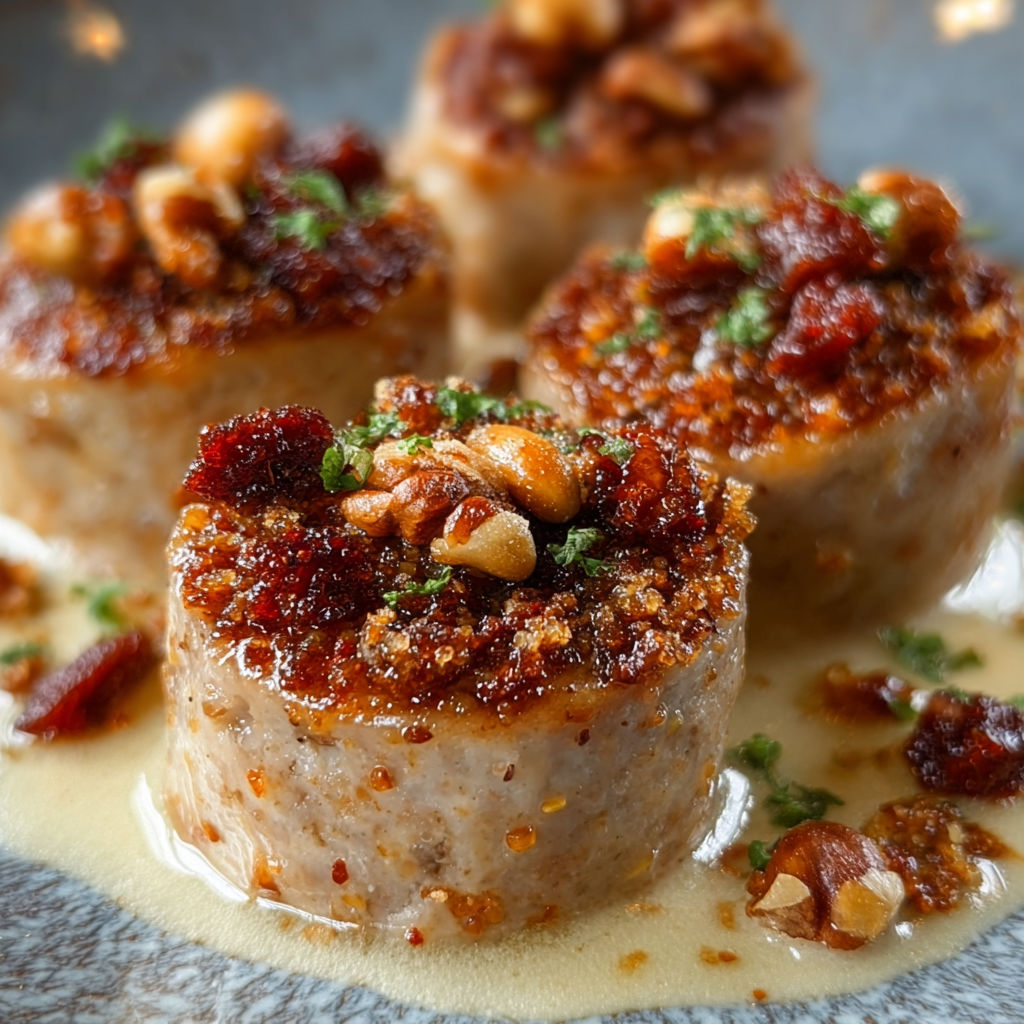 Des médaillons de boudin blanc avec crumble de chorizo et noisettes, garnis de noix et sauce, présentés sur un plateau.
