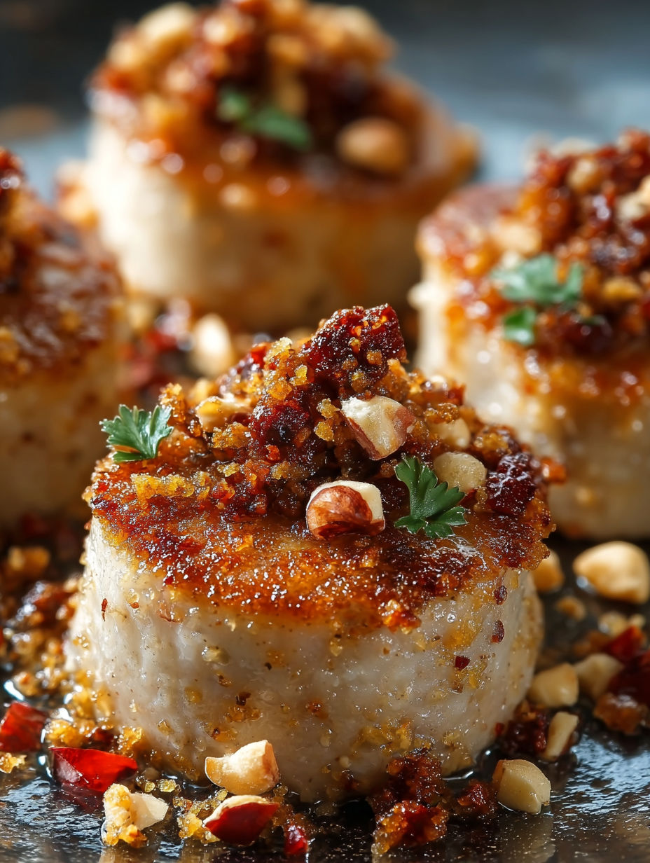 Des médaillons de boudin blanc avec crumble de chorizo et noisettes, servis sur une assiette.