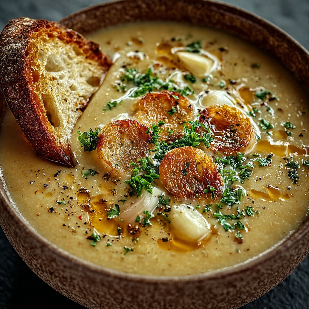 Une soupe à l'ail classique à la française, accompagnée de pain grillé et de croutons, est servie dans un bol.