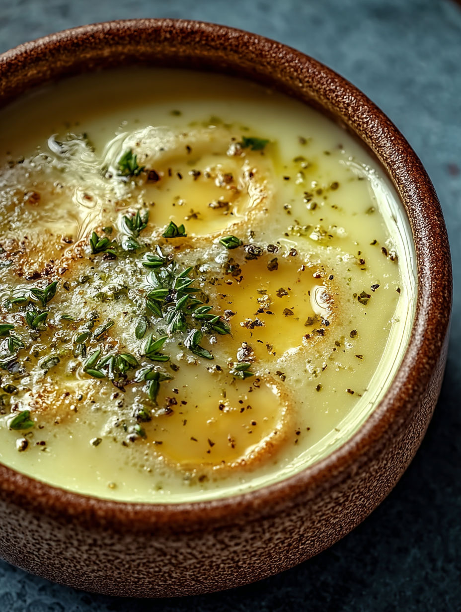 Une soupe à l'ail classique à la française, avec des herbes et des épices, dans un bol en terre.