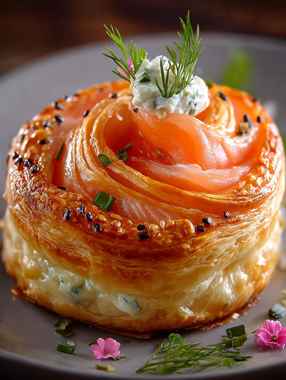 Un délicieux roulés feuilletés saumon fromage, garnis de herbes fraîches, est présenté sur un plateau.