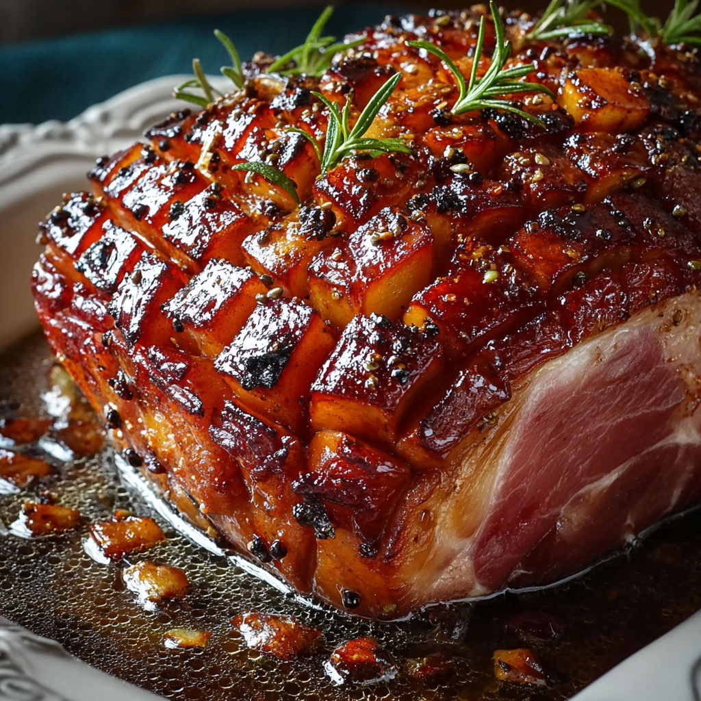 Un plat de jambon de Noël rôti au miel et au romarin, avec une sauce brune et des herbes fraîches.