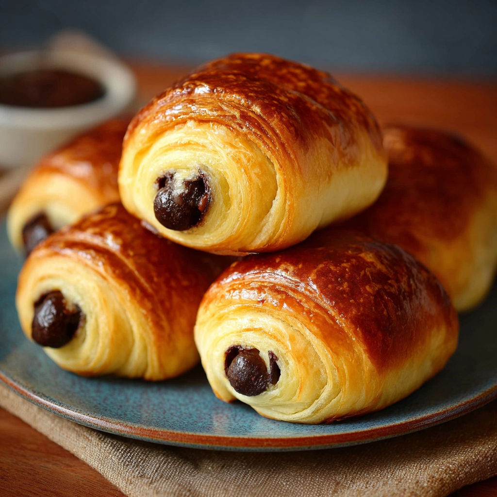 Petits pains au chocolat briochés (chocolatine) sur un plateau.