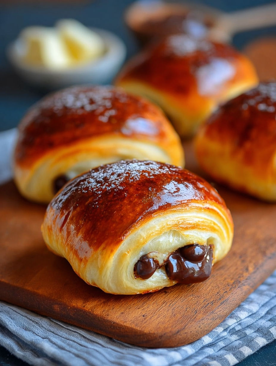 Une douzaine de croissants au chocolat, avec des pâtes brunes et des chocolats, sur une planche de bois.