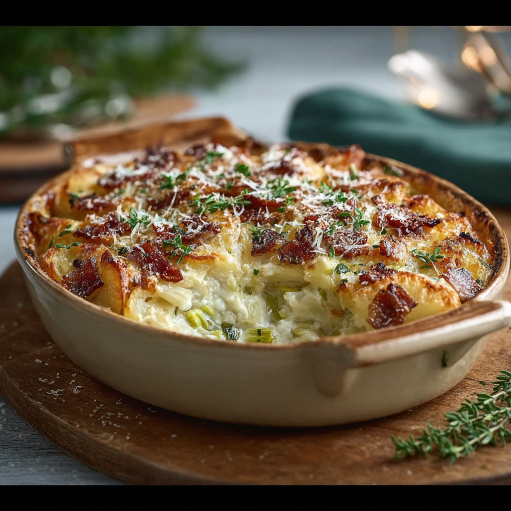 Une tarte au bacon et au fromage, garnie de herbes, est servie dans un bol en bois.
