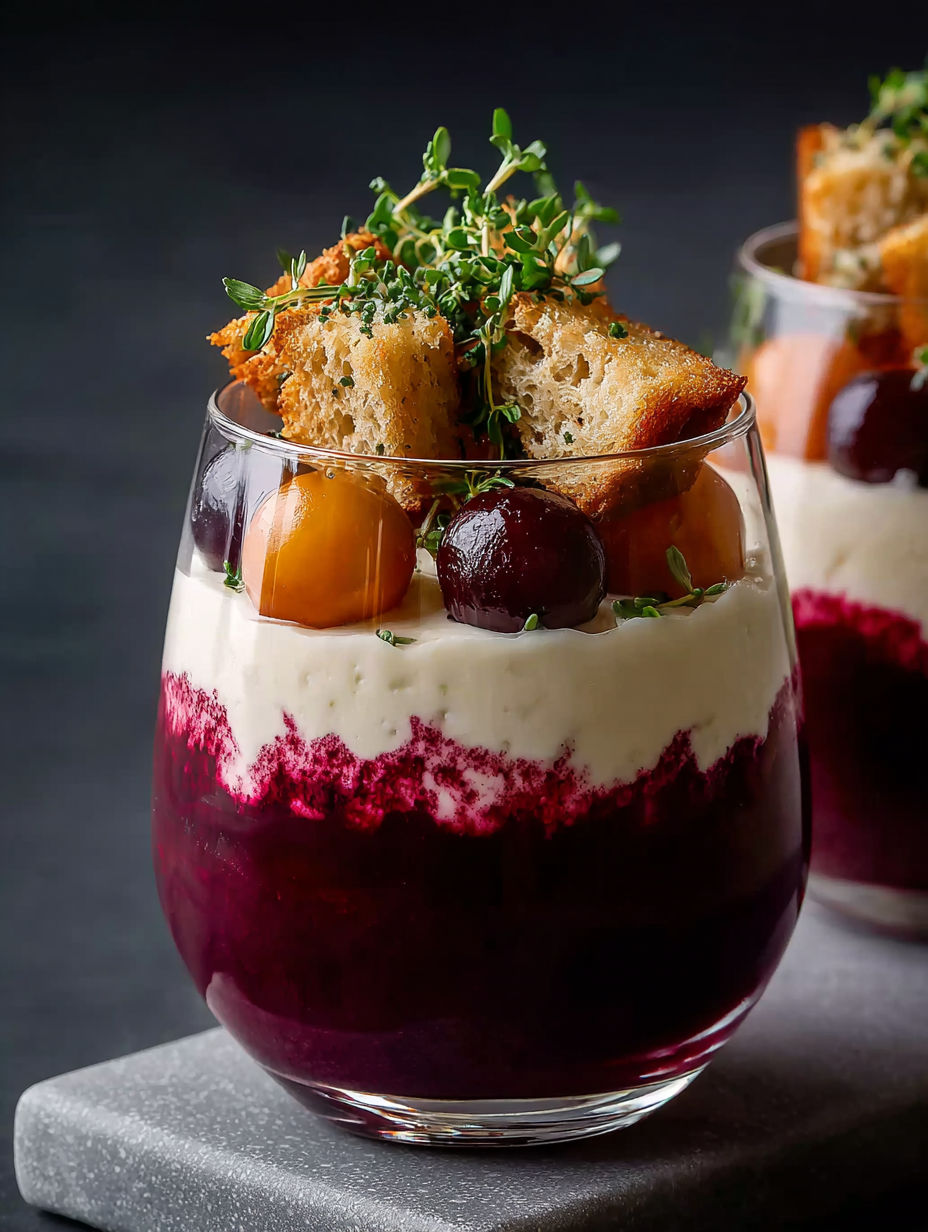 Une tarte aux fruits et au yaourt, avec des croutons de pain grillé et des herbes fraîches, est servie dans un verre.