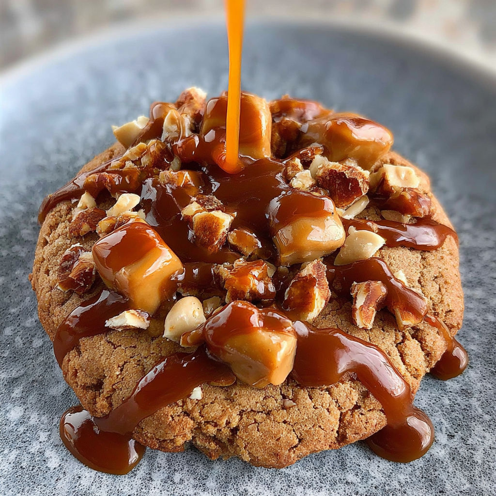 Une tarte aux noix et au caramel, saupoudrée de noix et de caramel fondu, sur un plateau de granit.